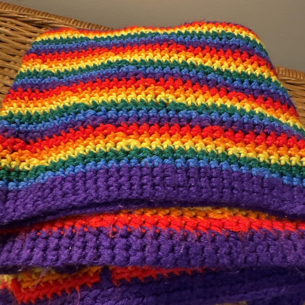 VTG Afghan‎ Lap Throw Blanket Rainbow Stripes Grandma Made  Acrylic Crochet